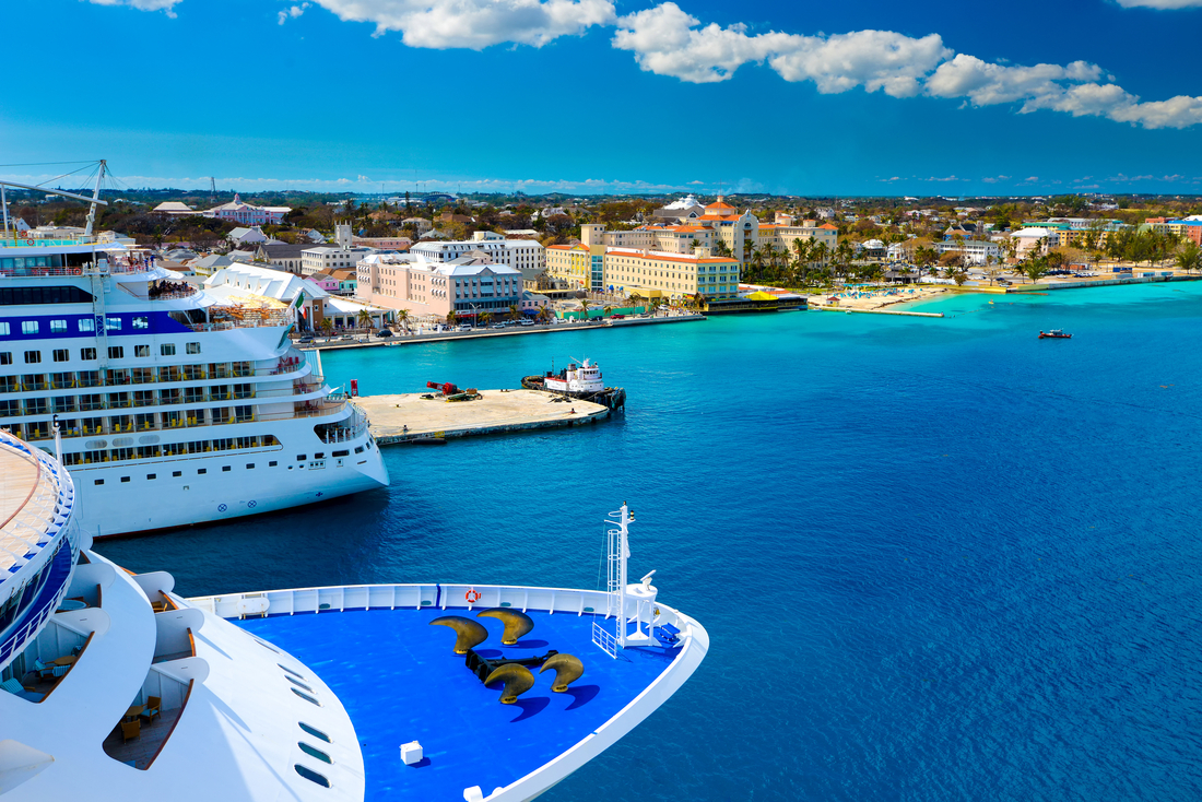 Bahamas cruise ship with turquoise water background